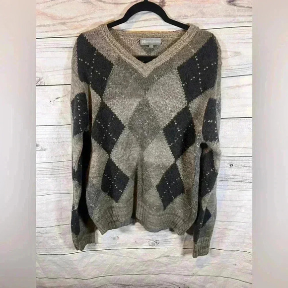 Hickey Freeman Wool Alpaca Argyle Vneck Sweater Lg - Picture 1 of 5